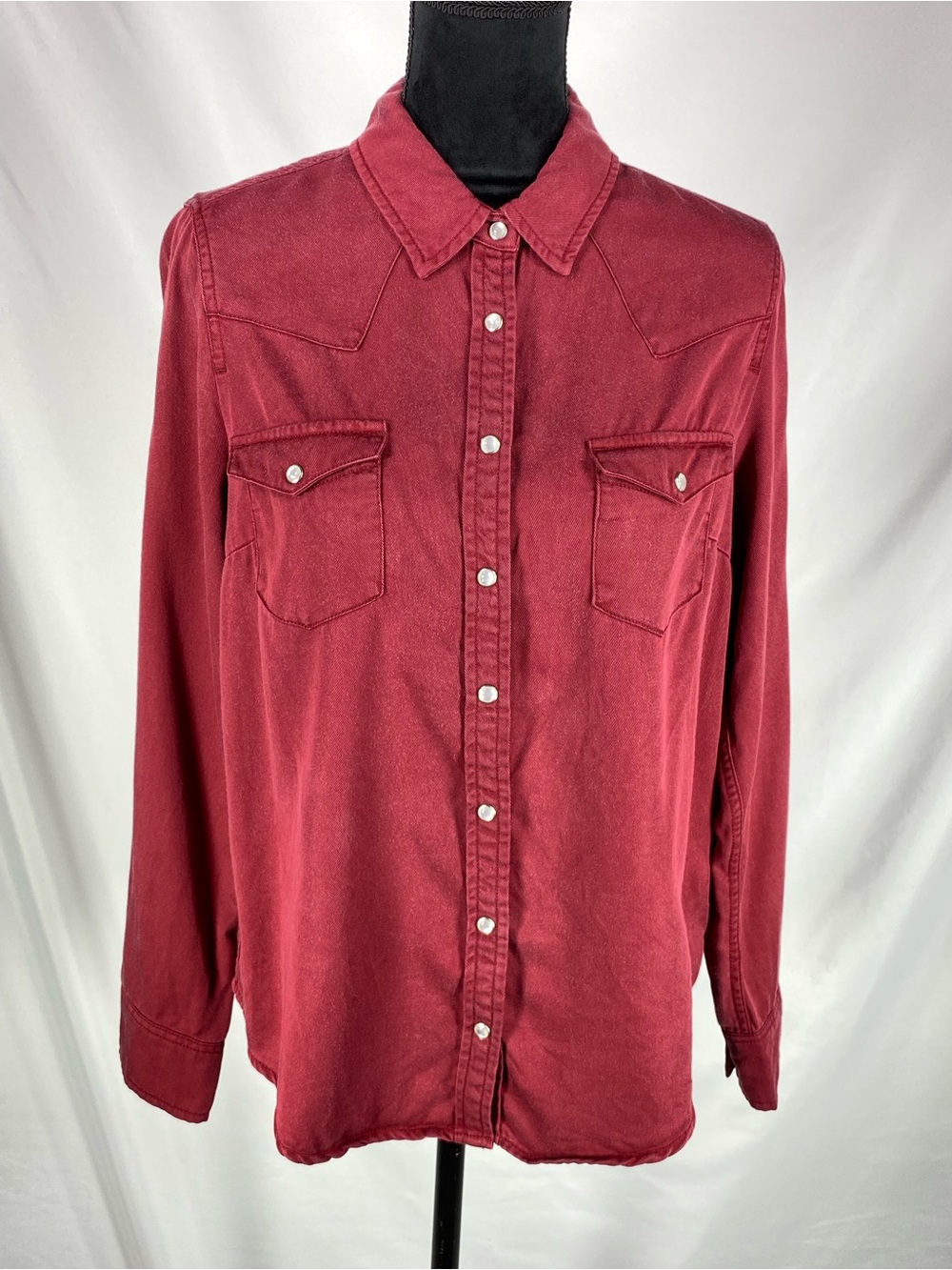 Lily & Lottie Tencel Pearl Snap Western Shirt Burgundy Red Women's M